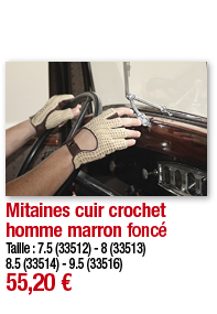 Mitaines cuir crochet homme marron    foncé     Taille : 7 5 (33512) - 8 (33513) 8 5 (33514) - 9 5 (33516) 55,20  